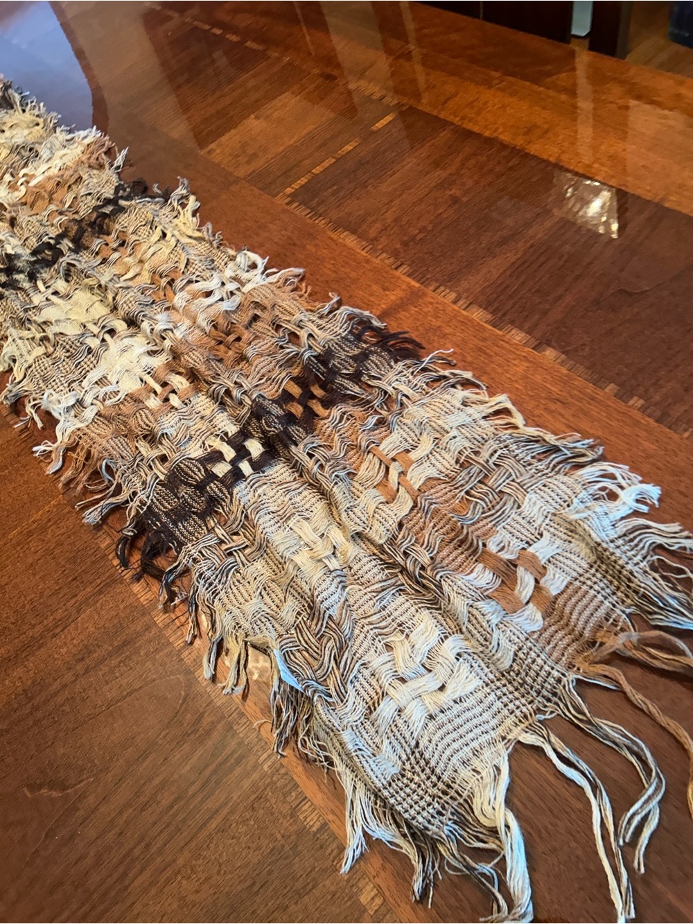 Neutral Tone Woven Fringe Scarf 11“ x 78“ wool blend